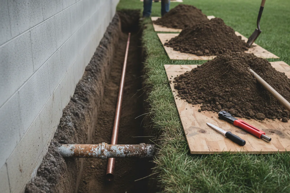 Excavated water line trench during Sewer Line Repair in Stephenson